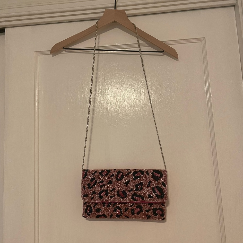 Beaded, Leopard Print Clutch/Crossbody Bag